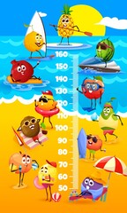 Kids height chart with cartoon fruits on beach. Vector growth meter or stadiometer ruler with tropical beach, pineapple, mango, apple and watermelon, lemon and plum, pear and kiwi, peach characters