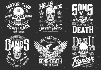 Tshirt prints with skulls vector mascots for apparel design. Motor club, street gangs brotherhood isolated labels with typography on grunge background. Monochrome prints, emblem for t shirt set