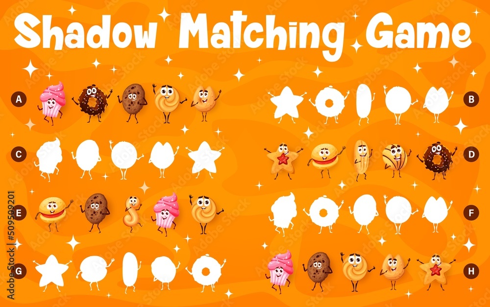 Poster cookie, desserts and bakery characters shadow match game worksheet. cartoon vector kids riddle with 