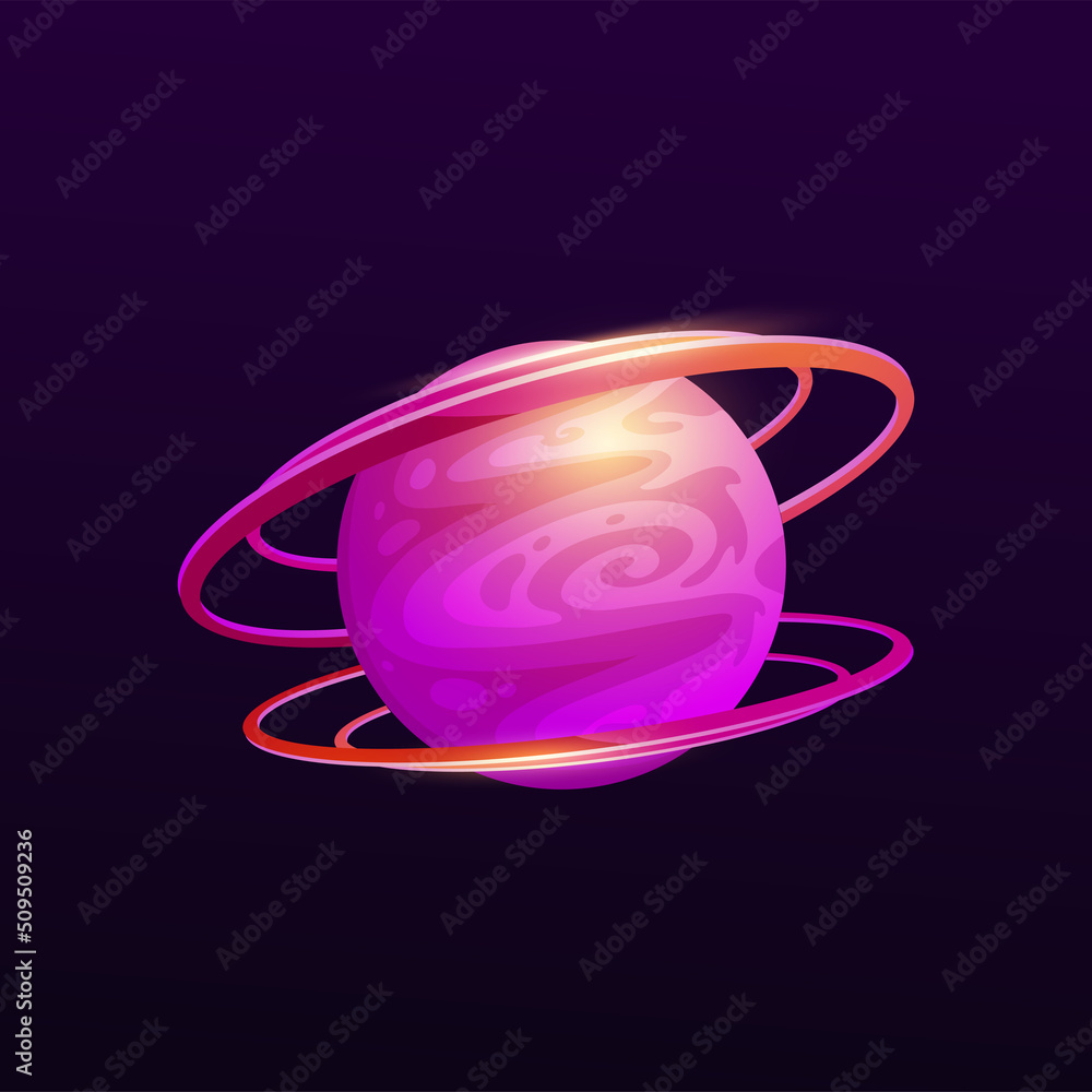 Fototapete purple space planet with two rings on vector background of cartoon alien world universe dark sky. fa