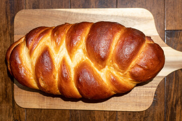 5-Strand Challah Loaf Baked in a Challah Pan which is useful in creating more uniform slices