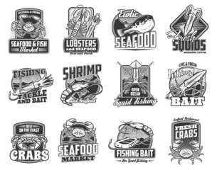 Fishing icons, fish catch tournament vector emblems, seafood market vector sign. Sea and ocean fishery tours, tackles and baits for lobster, squid or crab and shrimps, fisher catch equipment and rods