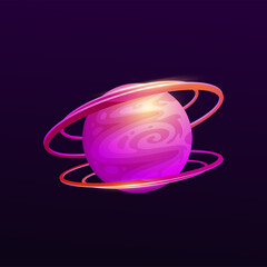 Purple space planet with two rings on vector background of cartoon alien world universe dark sky. Fantasy game ui or gui element, bright sphere of galaxy planet with asteroid belts and bright swirls