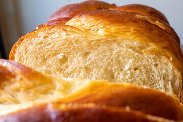 5-Strand Challah Loaf Baked in a Challah Pan which is useful in creating more uniform slices