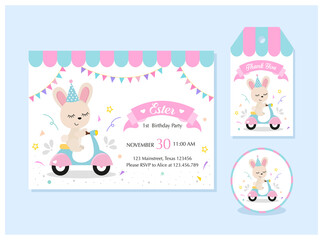 Cute bunny birthday invitation set with Card, label and thank you tag