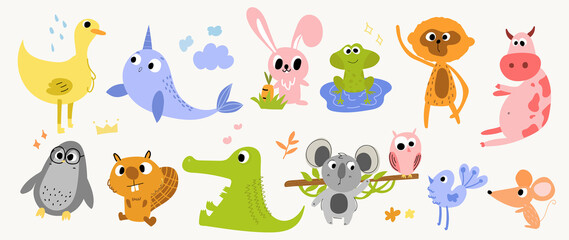 Set of abstract animal vector. Friendly wild life with lion, elephant, bear, crocodile, monkey in doodle pattern. Adorable funny animal and many characters hand drawn collection on white background.