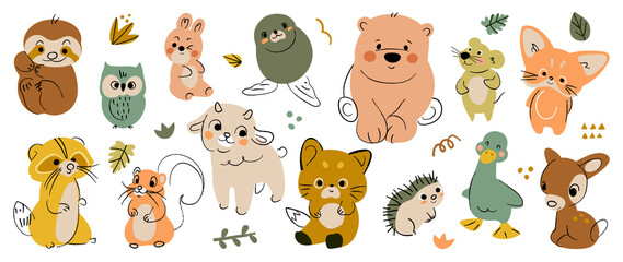 Fototapeta premium Set of cute animal vector. Friendly wild life with bear, sloth, deer, red panda, squirrel, duck in doodle pattern. Adorable funny animal and many characters hand drawn collection on white background.