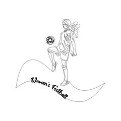 Continuous line drawing or single line drawing of a woman playing football or soccer and kicking the ball. Line art. Vector isolated on white background