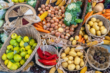 Different kinds of fruits and vegetables for sale on a market