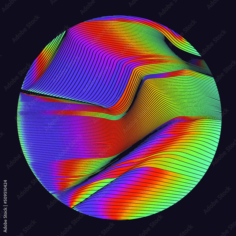 Poster Holographic circle with pattern of glitched and distorted lines. Trendy logotype template.