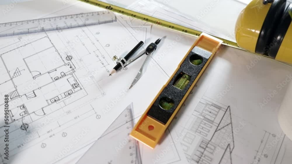 Poster architectural project workplace. top view of house plan blueprint paper with repair tools on table d