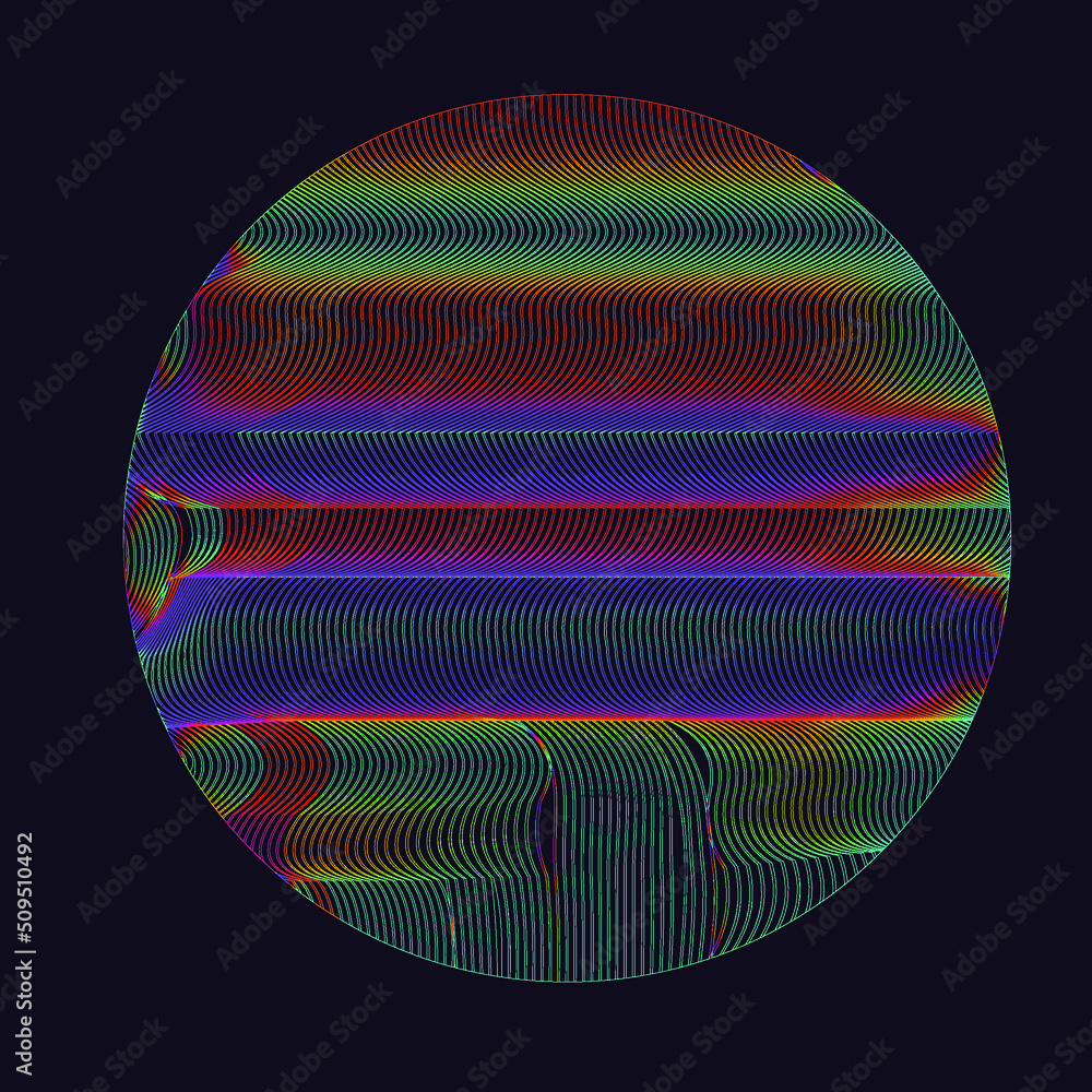 Poster Holographic circle with pattern of glitched and distorted lines. Trendy logotype template.