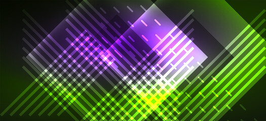 Obraz premium Background neon glowing lines and geometric shapes. Lights in the dark wallpaper for concept of AI technology, blockchain, digital, communication, 5G, science