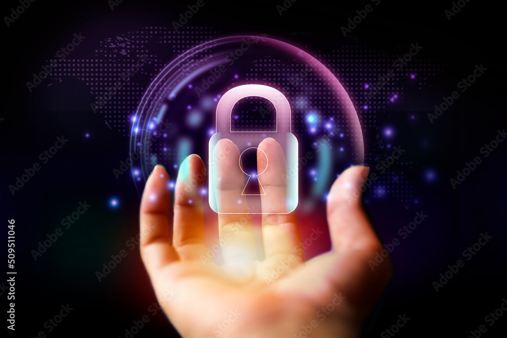Poster businessman using a digital padlock to secure his data 3d rendering. idea for e-kyc (electronic know