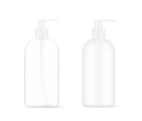 Realistic mockup of transparent and white bottles with dispensers. Vector illustration isolated on white background. Perfect for presenting your design. EPS10.	