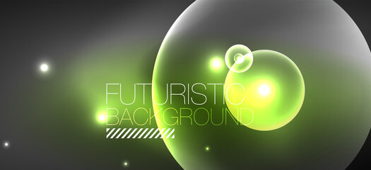 Shiny neon geometric abstract background. Glowing lights on round shapes, triangles and circles. Wallpaper for concept of AI technology, blockchain, communication, 5G, science, business