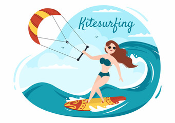 Summer Kitesurfing of Water Sport Activities Cartoon Illustration with Riding a Big Kite on a Board in Flat Style