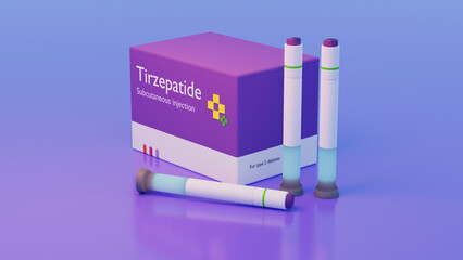 Tirzepatide for Type 2 diabetes, kit concept medical illustration, showing injection devices and the new drug