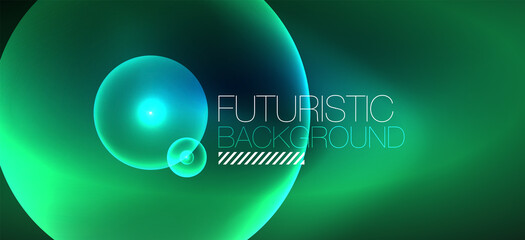 Shiny neon geometric abstract background. Glowing lights on round shapes, triangles and circles. Wallpaper for concept of AI technology, blockchain, communication, 5G, science, business