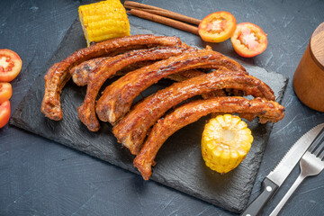 Honey BBQ Pork Ribs, Pork Spare Ribs with Barbecue spicy sauce, Grilled sliced barbecue pork ribs...