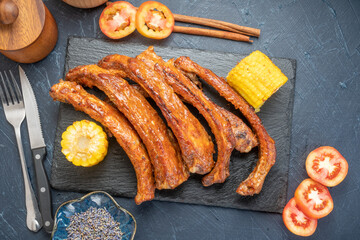 Honey BBQ Pork Ribs, Pork Spare Ribs with Barbecue spicy sauce, Grilled sliced barbecue pork ribs...
