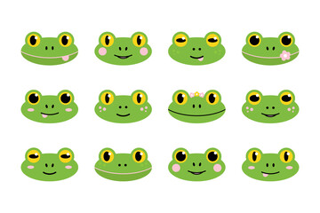 Frog icons. Big set, collection of cute cartoon style green frog characters faces, emoji.
