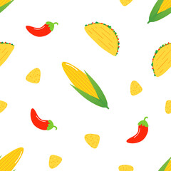 Vector seamless pattern background with corn, taco, nacho chips and chili peppers for mexican food design.
