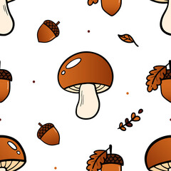 Mushrooms, acorns and leaves vector seamless pattern background for autumn, fall design.