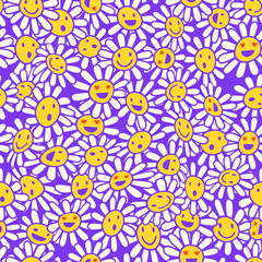 Hippie vector seamless pattern. Old school psychedelic background with smile faces in chamomile flowers. Nostalgia retro 70s groovy print. Colorful textile and surface design