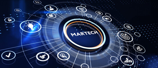 Martech marketing technology concept on virtual screen interface. Business, Technology, Internet and network concept. 3d illustration
