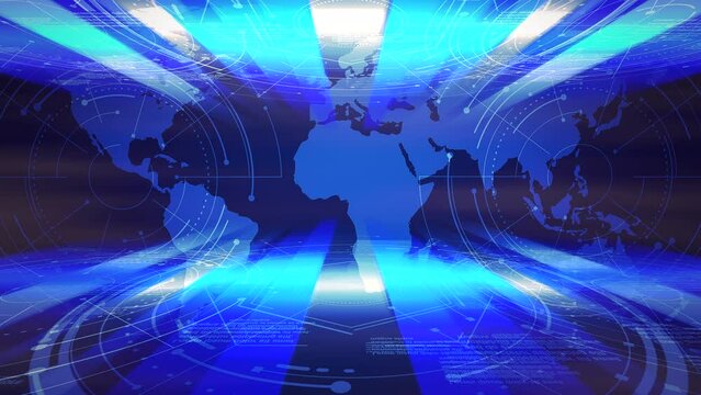 World map and blue lines with HUD elements in studio, business, corporate and news style background