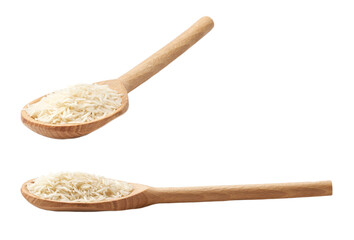 wooden spoon with organic long rice basmati isolated on white background.