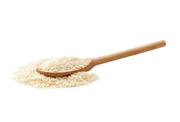white long rice basmati crumble from a wooden spoon isolated on white background.