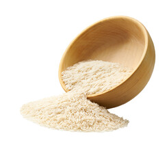 Grains long rice basmati are scattered out of the wooden bowl.