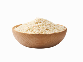 Raw long rice basmati in a wooden bowl isolated on white background.