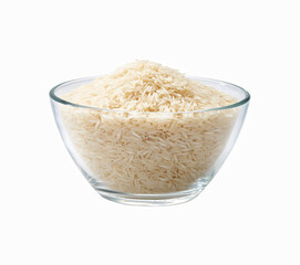 long rice basmati in a clear glass bowl isolated on white background. rice basmati heap in glass...