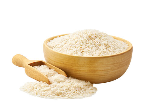 long rice basmati in wooden scoop and bowl isolated on white background.