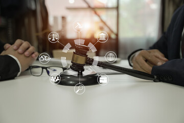 Judge gavel with Justice lawyers having team Concepts of Law and Legal services