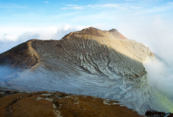 Lake and Sulfur Mine at Khawa Ijen Volcano Crater, Java Island, Indonesia