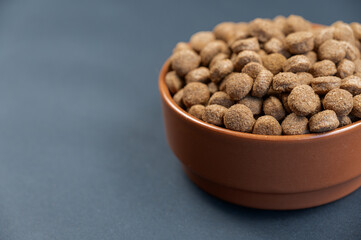 A bowl of dog food against a gray background. Round brown pellets in a ceramic bowl. Holistic Food for pets prone to obesity. The health care concept for domestic animals. Close-up. Selective Focus.