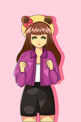 Cute and Happy Girl with Purple Jacket Design Illustration