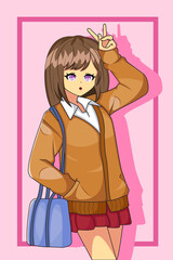 Pretty Girl Wear Brown Jacket with Blue Bag Design Illustration