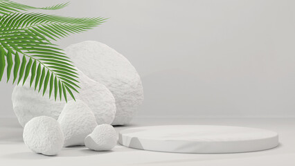 A tropical light stage for branding and advertising beach and tanning and health products. The podium is in the form of a white disk, next to which are white stones, half-hidden by green palm branches