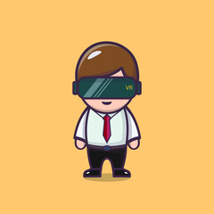 cute character office employee at work or meeting using Virtual Reality (VR). Cute cartoon illustration.

