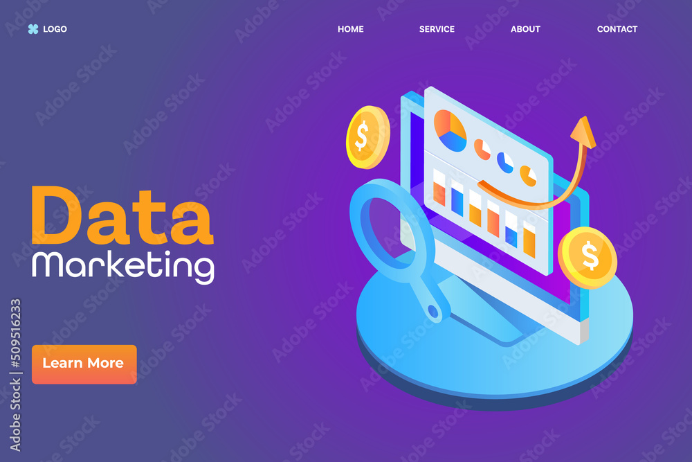 Poster data driven marketing - digital technology - isometric 3d style web banner landing page template.
