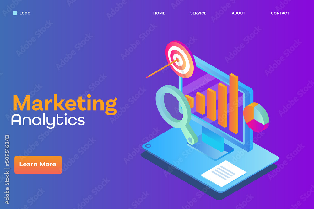 Poster marketing mix report, business analytics software displays graph, chart data on computer screen, iso