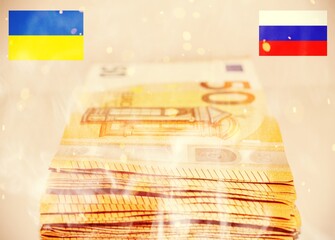 Stack of European money between Ukraine and Russia .
