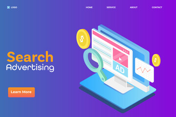 Search engine marketing - digital display advertising - programmatic media buying business technology, isometric landing page template.