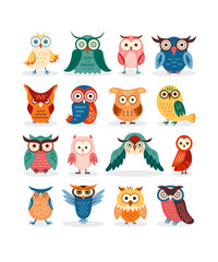 A group of colorful cute and funny owls standing in lines.
