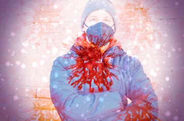 Man wearing a mask with a big virus cell in the center, concept of virus.